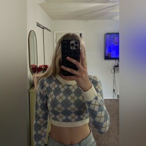 Blue and White Argyle Cropped Sweater